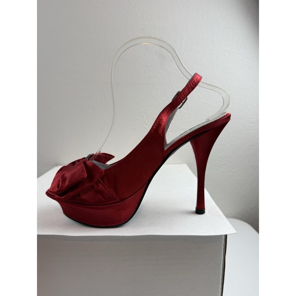 Y2K Night Moves Red Bow Satin Rhinestone Buckle Platform Slingback Heels Size 8 - Picture 8 of 10